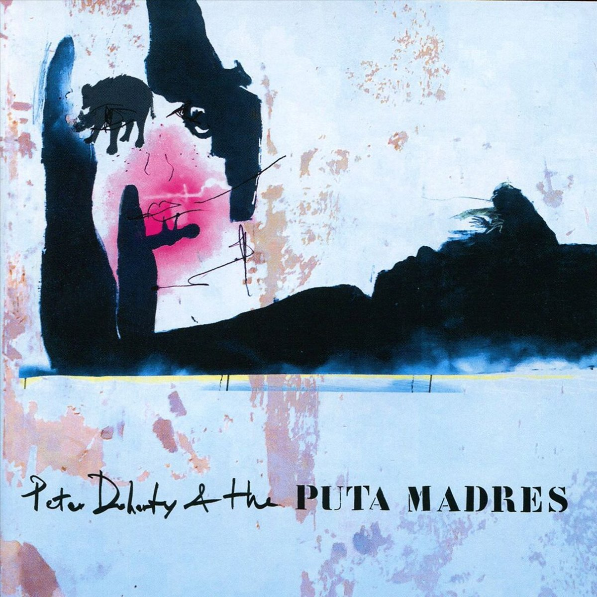 Albumhoes met een vervormd gezicht en een pistool op de achtergrond. De albumtitel is "Peter Doherty & The Puta Madres".
