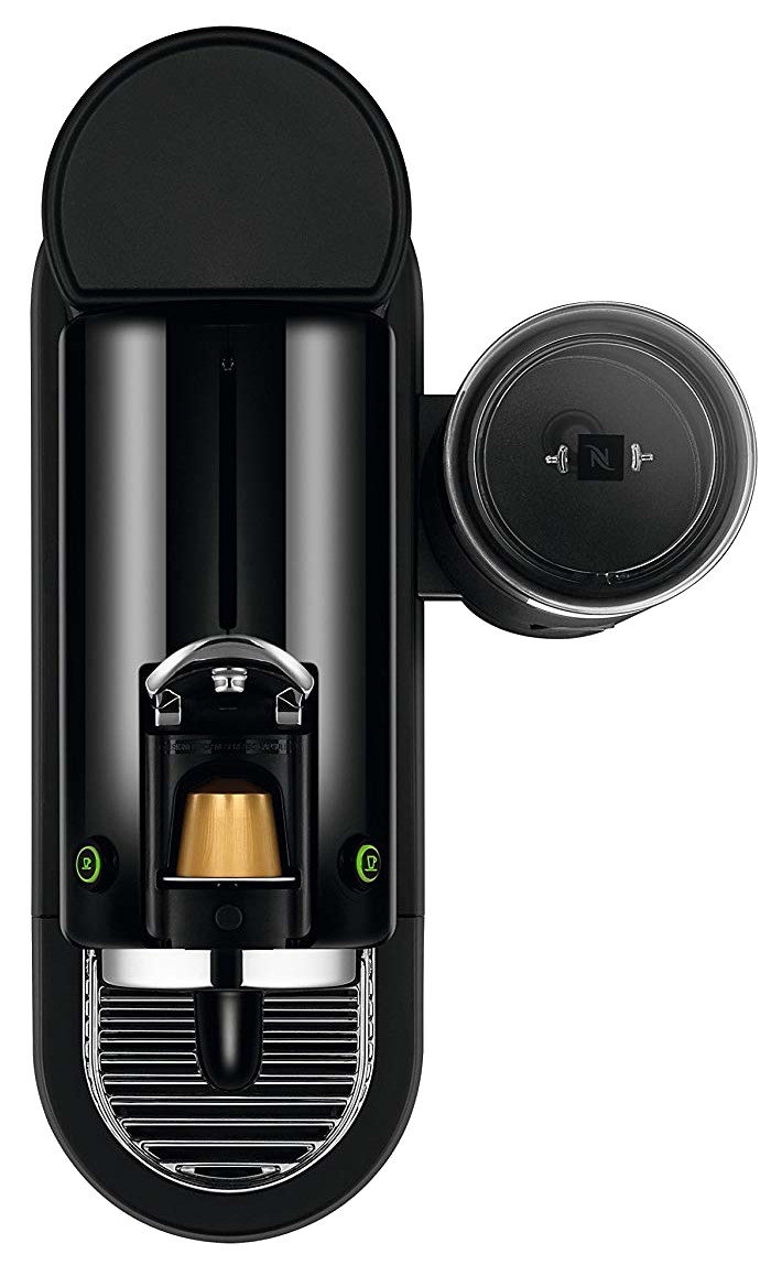 Fekete Nespresso kávéfőző, felülnézet. Kapszuladagolóval, kávékimenettel és víztartállyal.