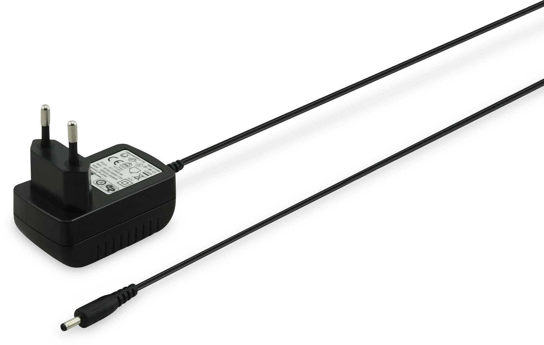 Schwarzer Netzadapter mit Stecker und Kabel.