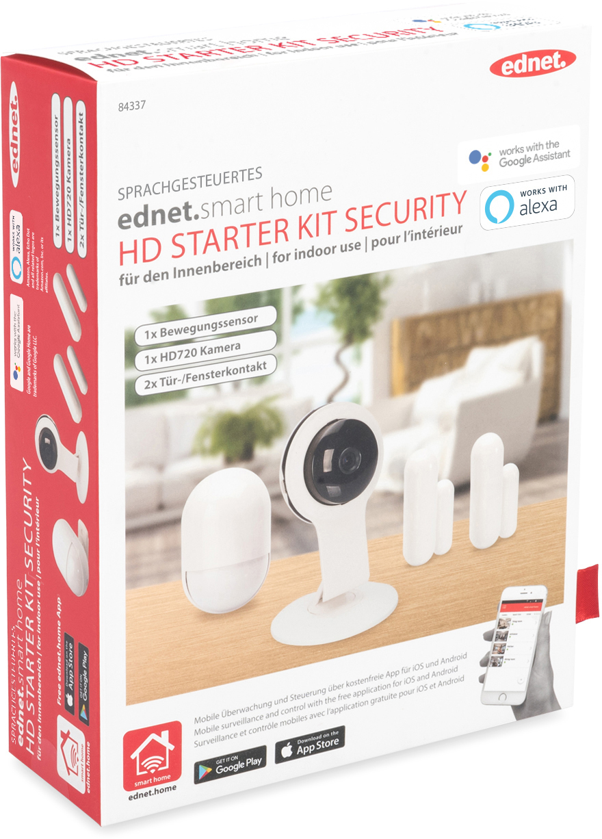 smart Innenkamera Sicherheitssystem sprachgesteuertes 2x ednet EDNET home Tür-Fensterkontakt Kit 1x 84337 Starter Bewegungssensor 1x
