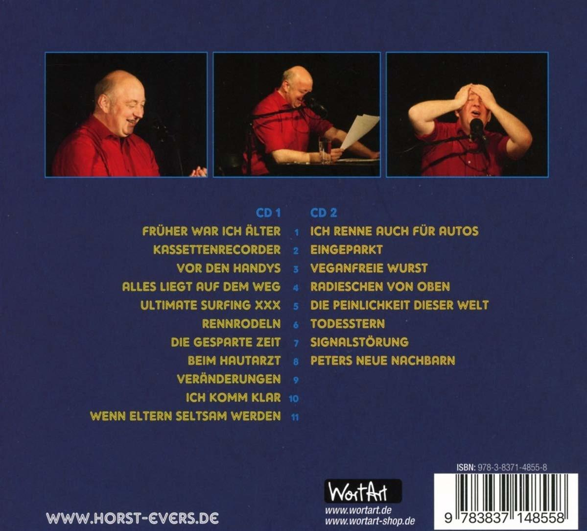 Drei Bilder eines Mannes auf der Bühne, mit einer CD-Titelliste.