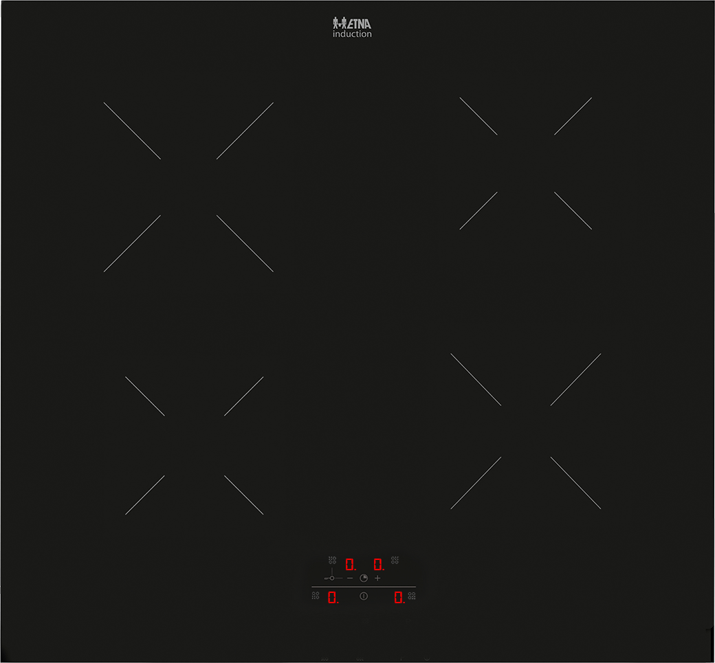 Black induction cooktop with four cooking zones and control panel with digital displays.