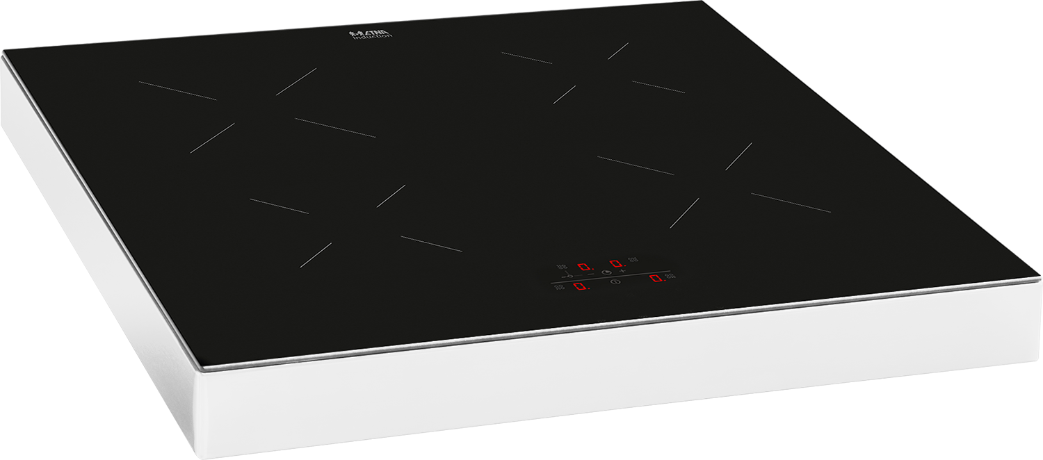 A black cooktop with four circular heating elements, set against a white background.