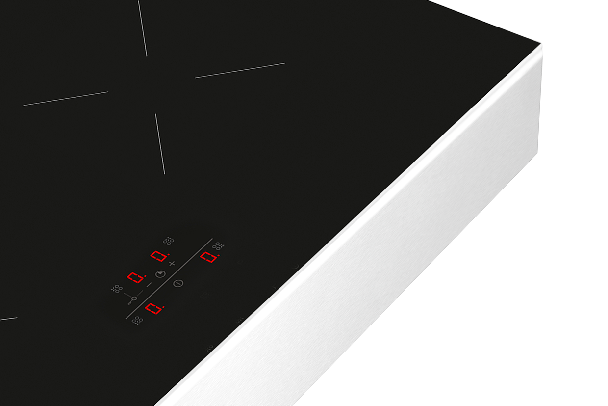 Black glass cooktop with white trim, and red digital display.