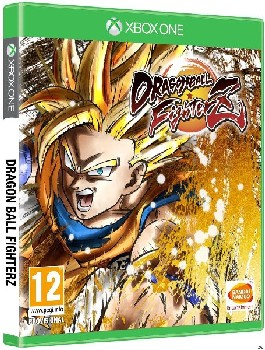 Caja de juego de Xbox One: Dragon Ball FighterZ. Presenta la cara de Goku en la portada, con una clasificación de 12.