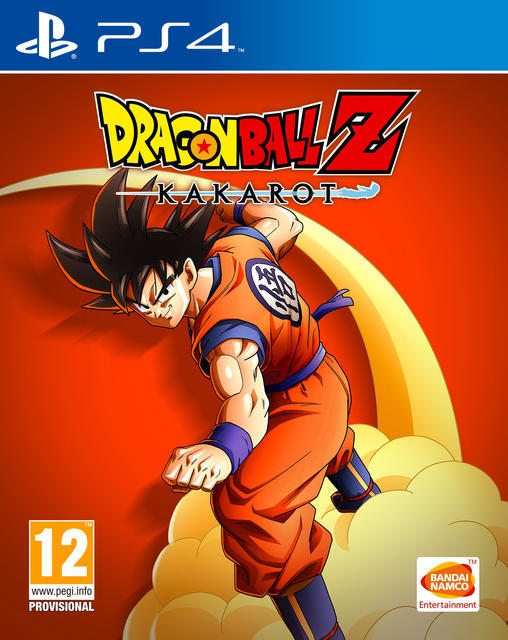 Jaquette du jeu PS4, Dragon Ball Z Kakarot, Goku en gi orange, fond orange et logo.