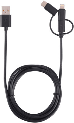 Câble de chargement USB noir avec connecteurs USB-A, USB-C et Lightning, enroulé.