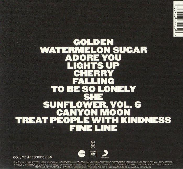 Album back cover with tracklist including 'Golden', 'Watermelon Sugar', 'Adore You', and 'Fine Line'.