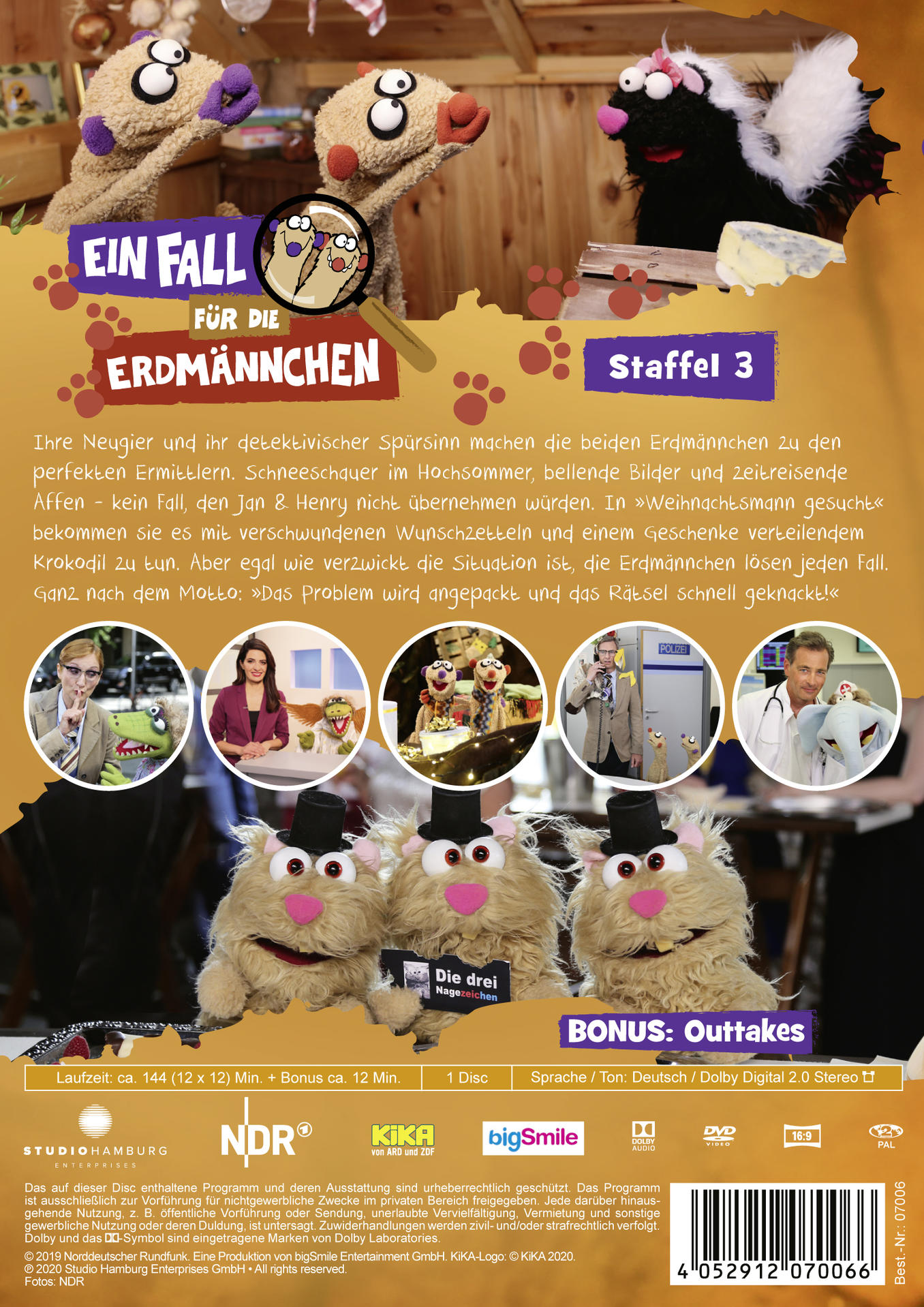 Rückseite einer DVD-Hülle mit Cartoon-Tierbildern, Text und Logo.