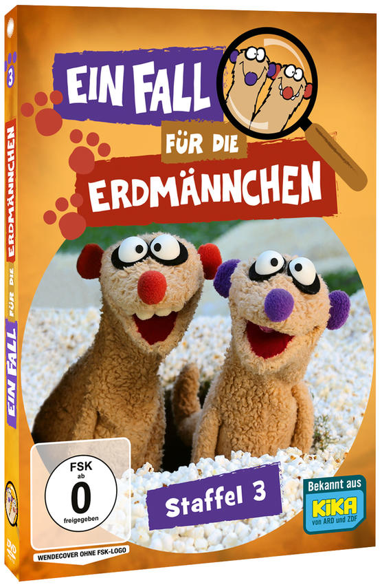 DVD-Cover mit zwei Comic-Erdmännchen und Text. Der Titel lautet 'Ein Fall für die Erdmännchen'.