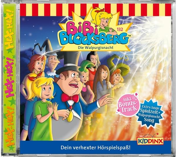 Bibi Blocksberg CD-Cover. Cartoon mit Bibi, einem Mann und anderen Figuren in einer festlichen Szene.