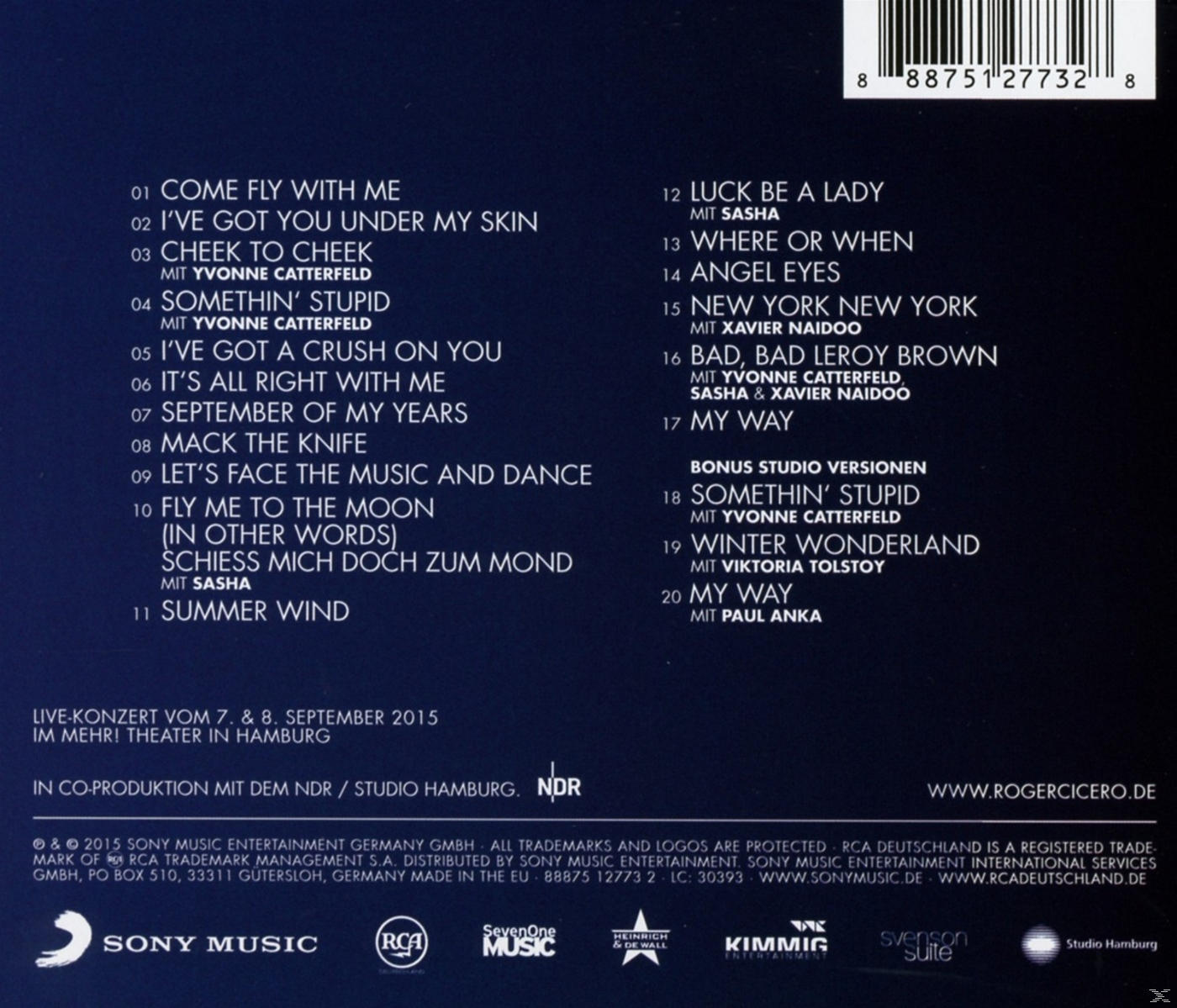 Rückseite eines Roger Cicero Albums mit Trackliste und Albuminformationen.