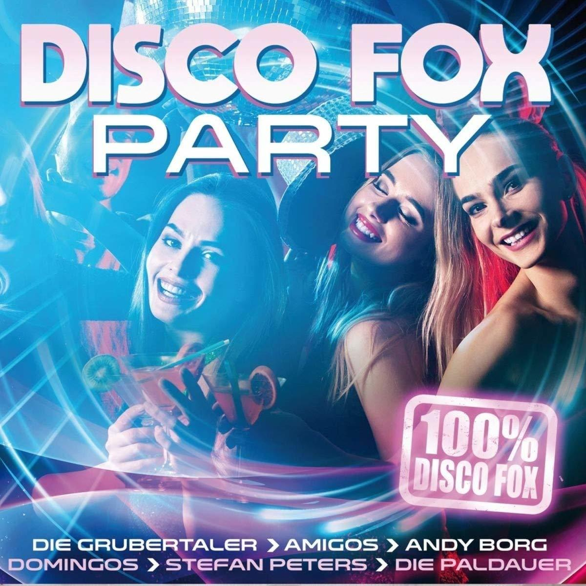 Albumcover mit lächelnden Menschen vor blauem Hintergrund. Titel: Disco Fox Party.