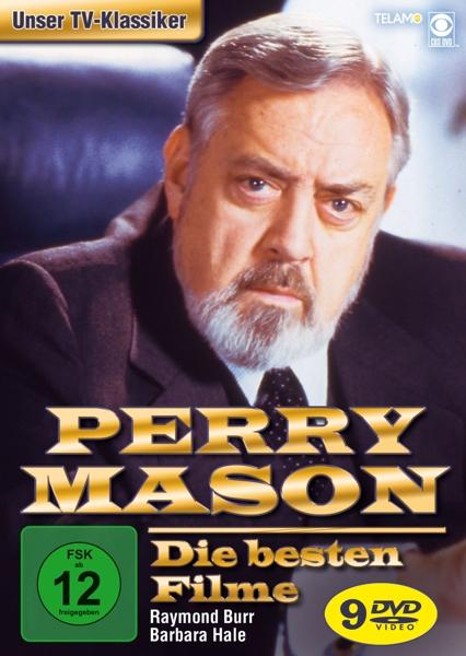 DVD-Cover: Perry Mason, im Anzug, sieht streng aus. Titel: Perry Mason Die Besten Filme. FSK 12 Logo.