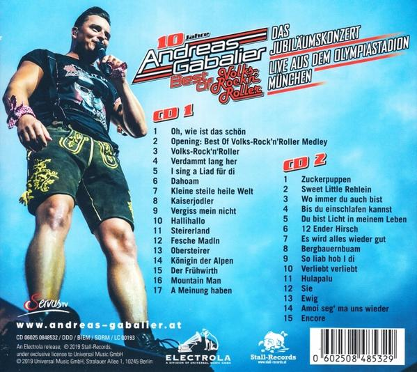 Albumcover für Andreas Gabaliers Live-Konzert. Enthält einen singenden Mann, Titelliste und Albumdetails.