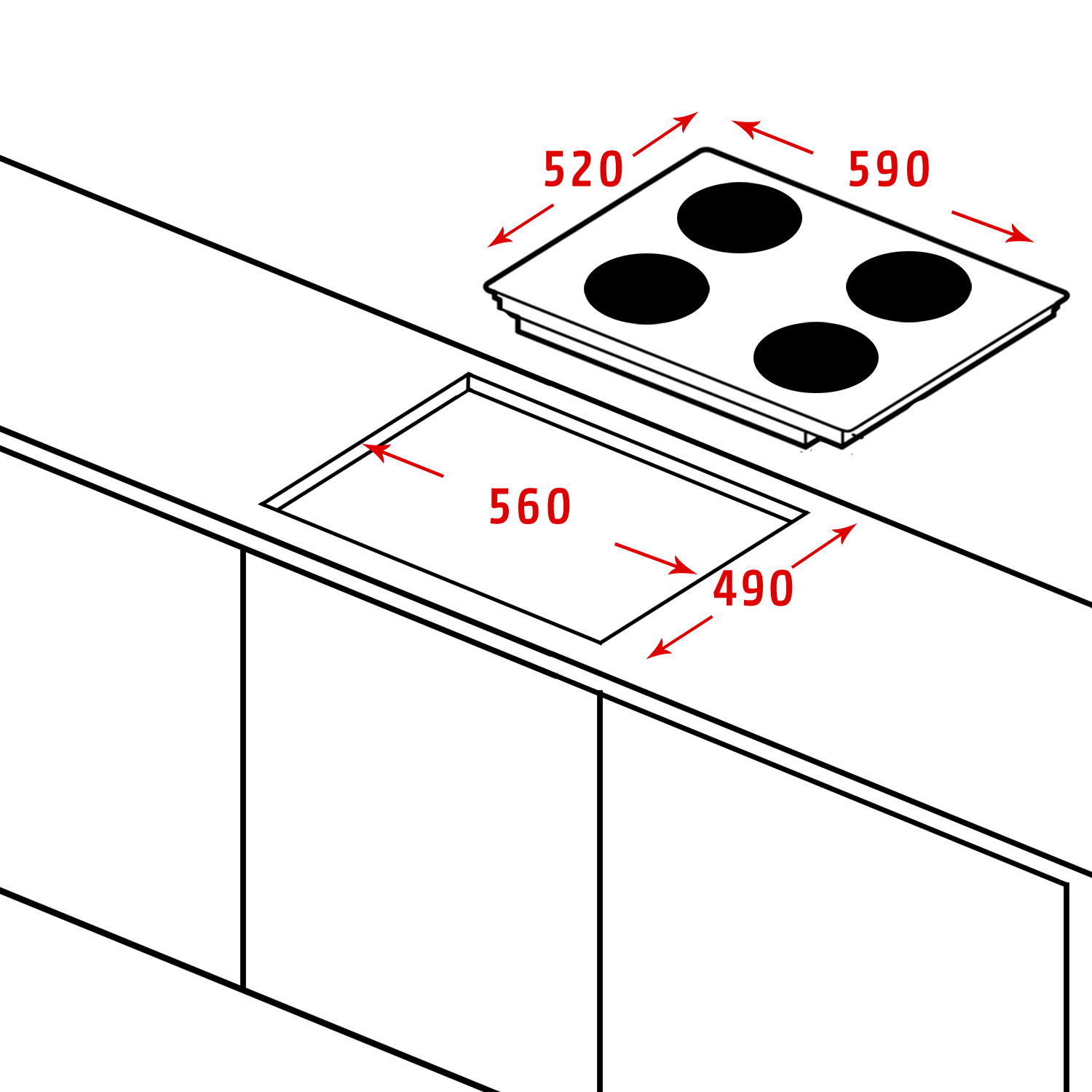 Kookplaat boven uitsparing met afmetingen 520x590mm en 560x490mm.