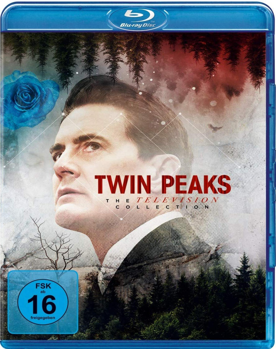 Blu-ray-Cover für Twin Peaks: The Television Collection. Enthält einen Mann im Anzug, Waldboden.