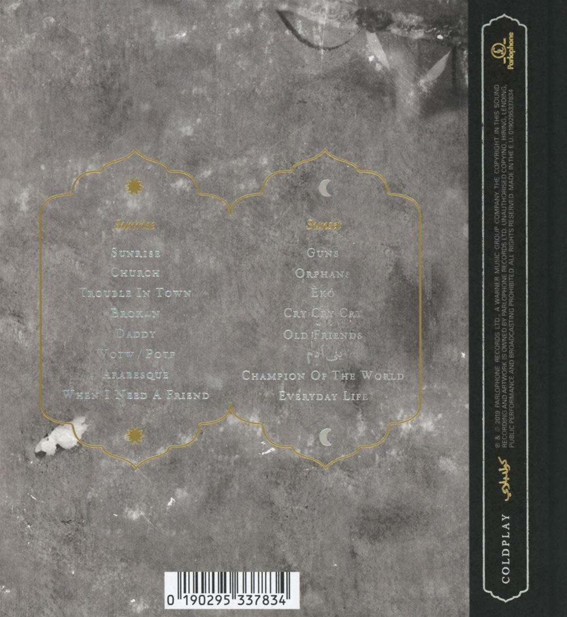 Albumhoes met songtitels op grijze achtergrond, gouden kader en barcode.