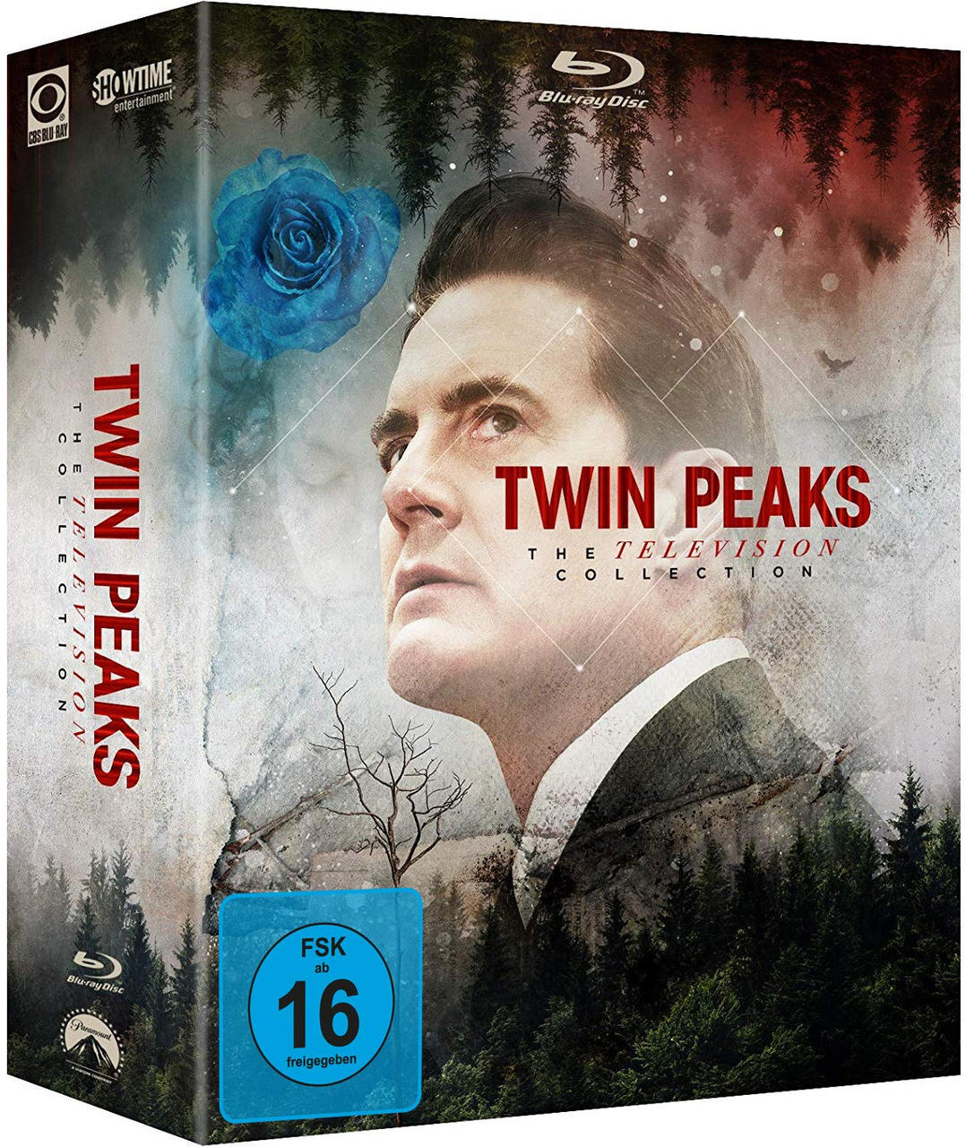 DVD-Hülle der Serie 'Twin Peaks' mit Männergesicht, blauer Rose und Waldbild.