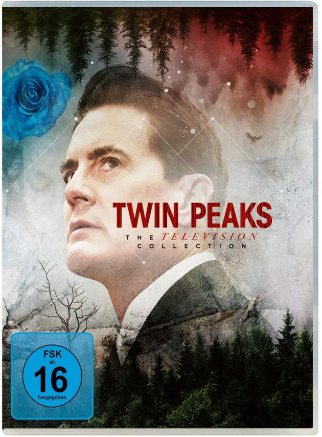 DVD-Hülle von Twin Peaks. Porträt eines Mannes mit blauer Rose und Wald im Hintergrund.