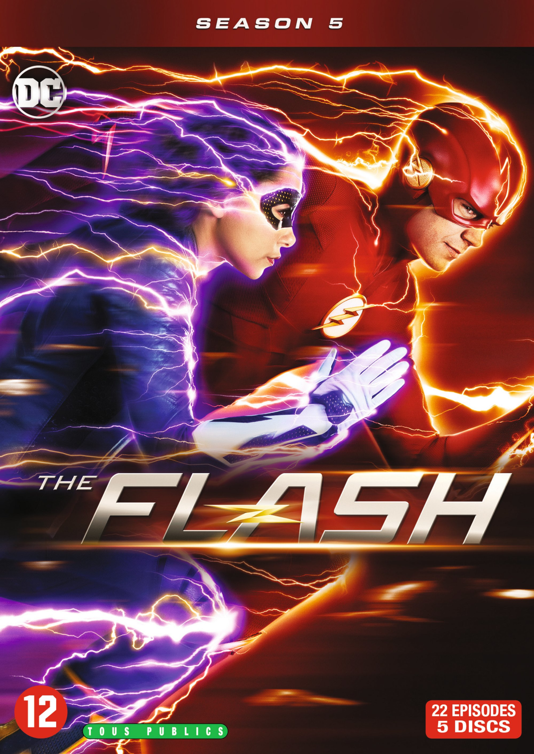 DVD cover: The Flash in a red suit with a woman in a blue suit, lightning.