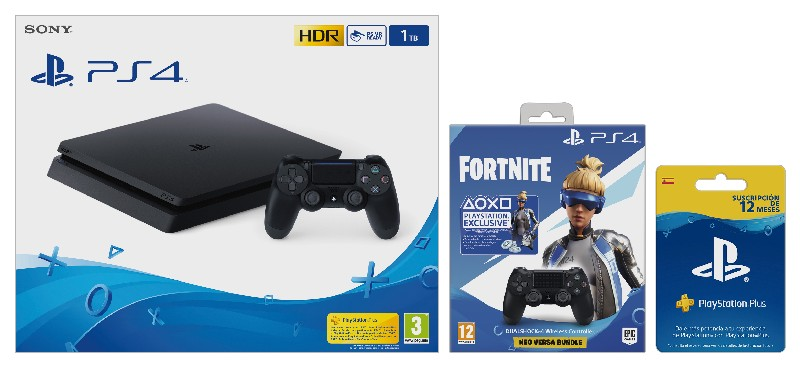 Set de caja PlayStation 4 con consola, mando, caja de juego y tarjeta PlayStation Plus.