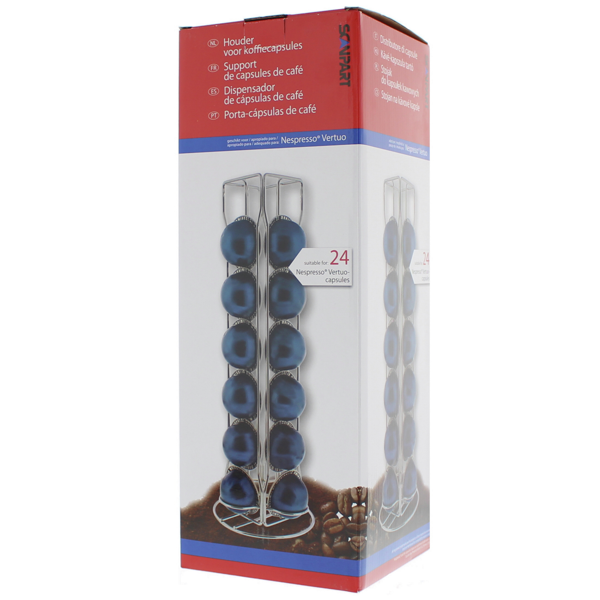 A Nespresso Vertuo capsule holder, with blue capsules, and a cardboard box.