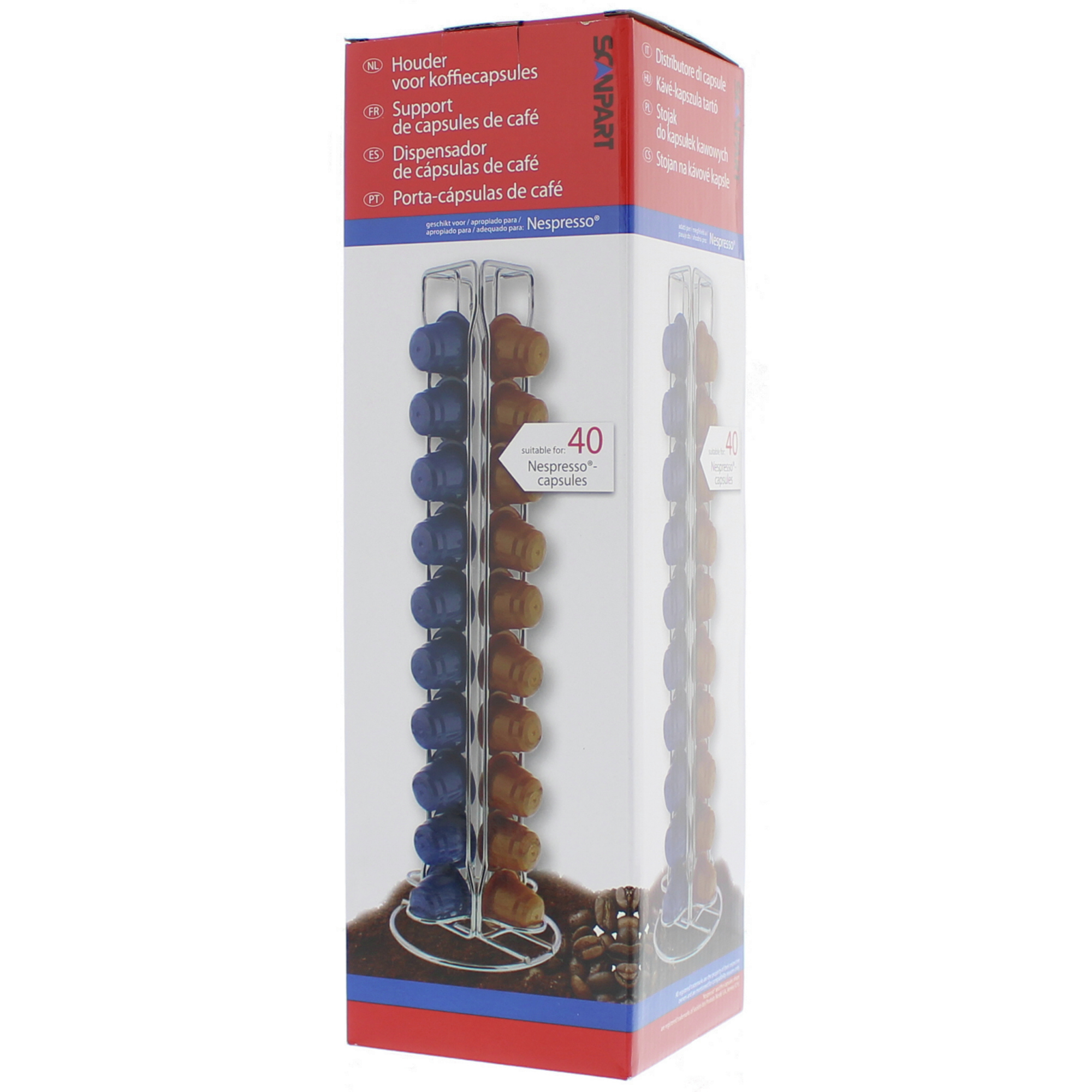 Nespresso capsule holder in a box. It holds blue and brown coffee capsules. White background.