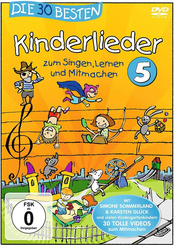 DVD-Cover, Kinderlieder. Cartoonfiguren, Noten und eine Spielplatzszene.