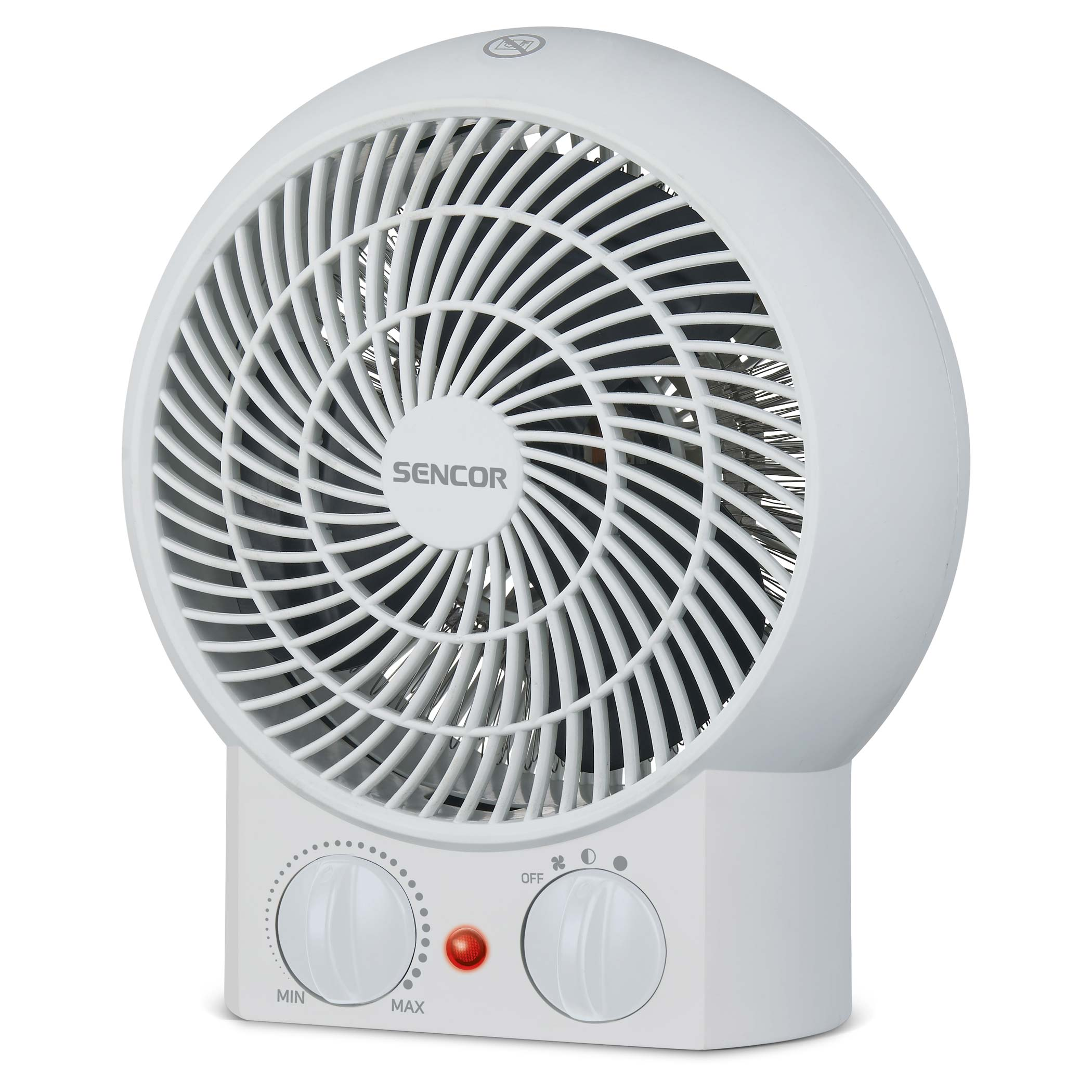 Fehér, kerek Sencor ventilátor szabályzó gombokkal és piros fénnyel. Háttér fehér.