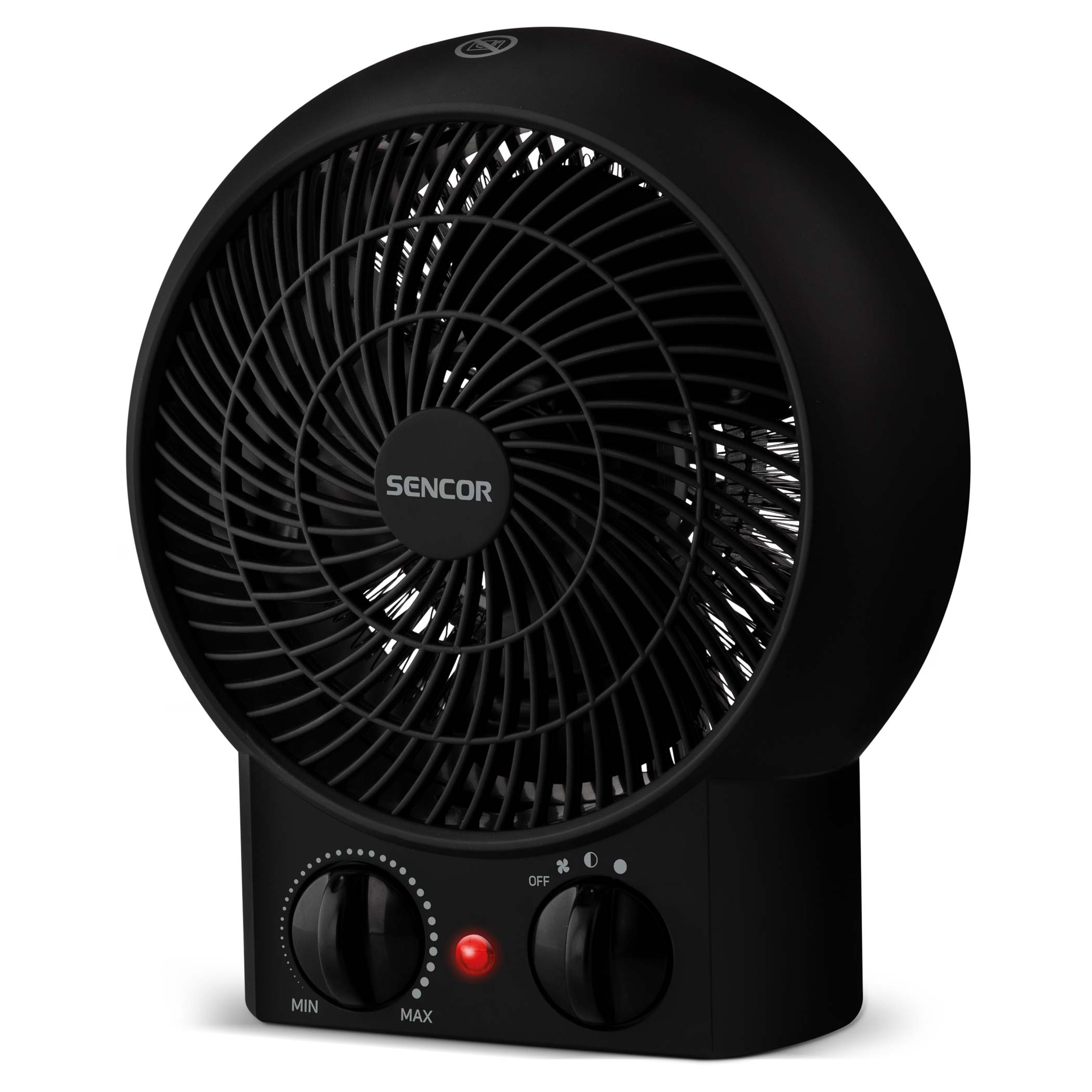 Fekete elektromos ventilátor. Kerek forma, benne lapátokkal. Két vezérlőgomb és egy piros lámpa.