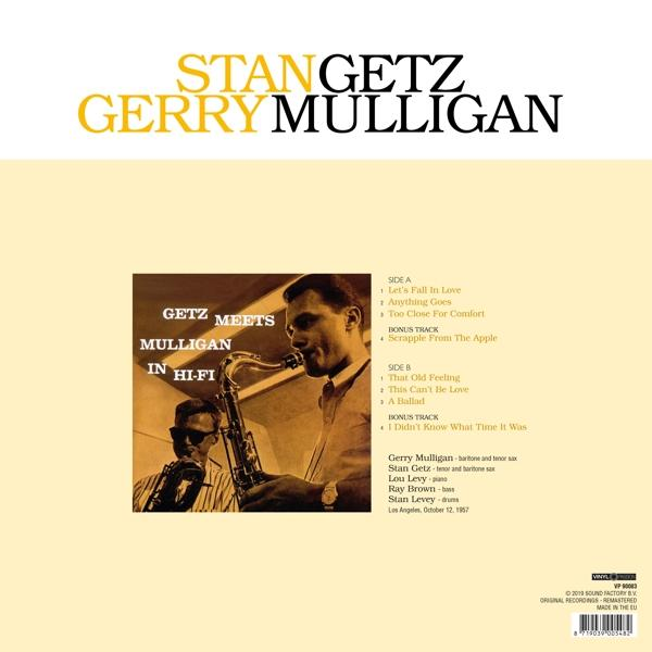 Stan Getz és Gerry Mulligan album borítója Hi-Fi-ben. Zenészek képeit és a számlistát tartalmazza.