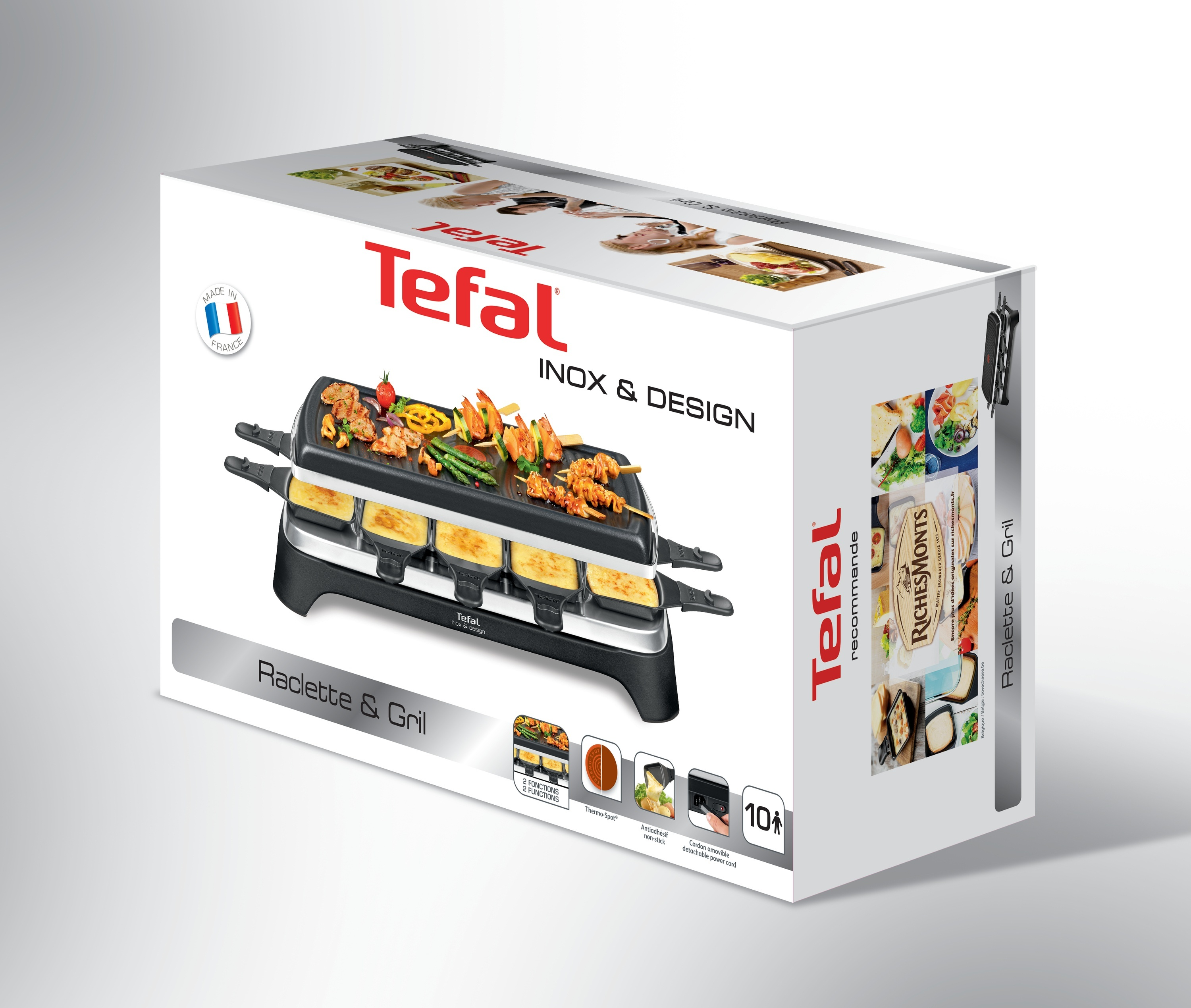 Tefal Raclette & Grill Box. Zeigt Grill, Essen und Produkteigenschaften. Weißer Hintergrund mit Schatten.