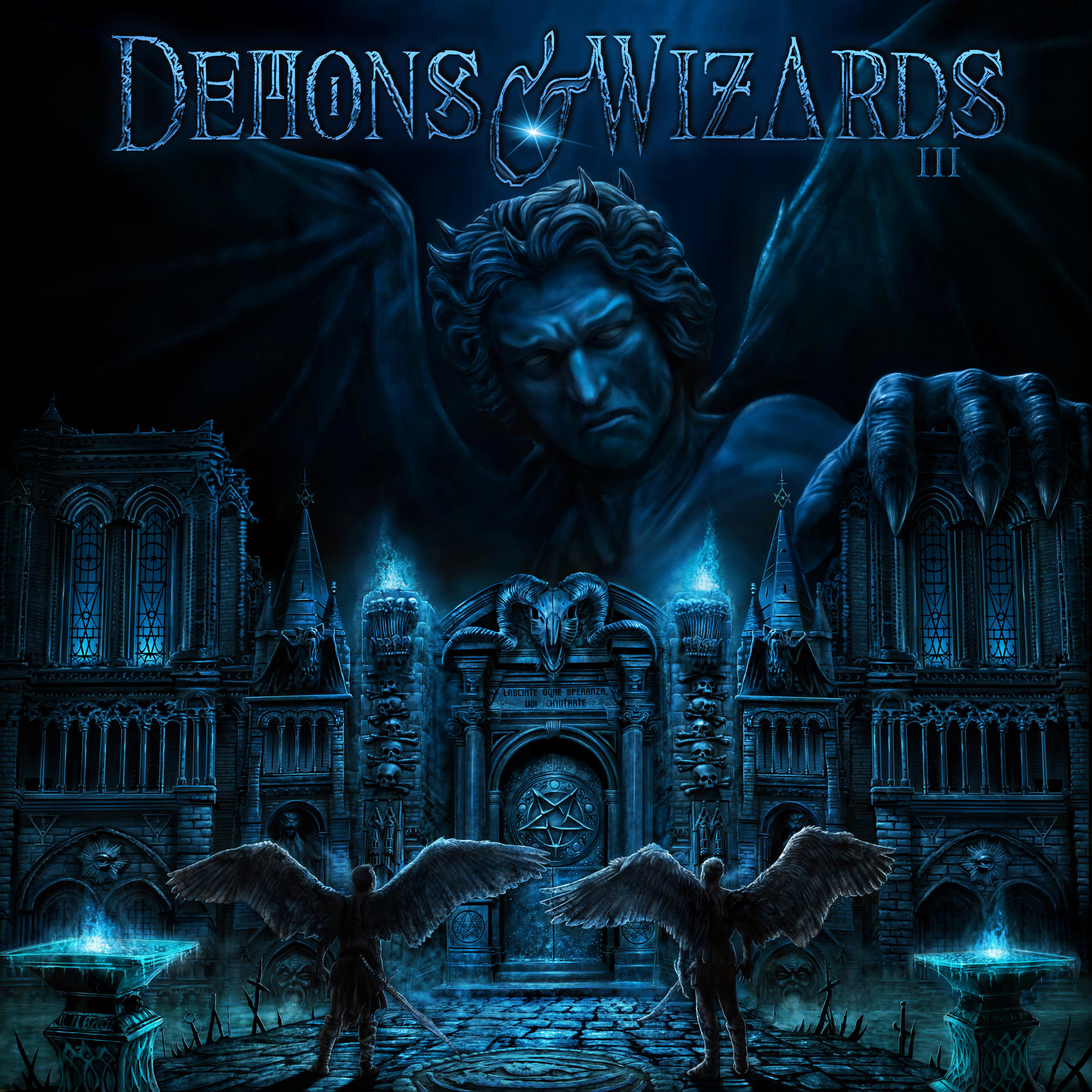 Albumcover: Demons & Wizards III. Ähnlich dem ersten, mit blauem Farbschema und einem anderen Hintergrund.