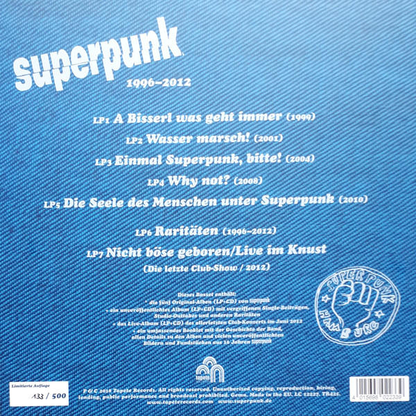 Albumcover mit Text und Faust. Album zeigt Superpunks Songs von 1996-2012.