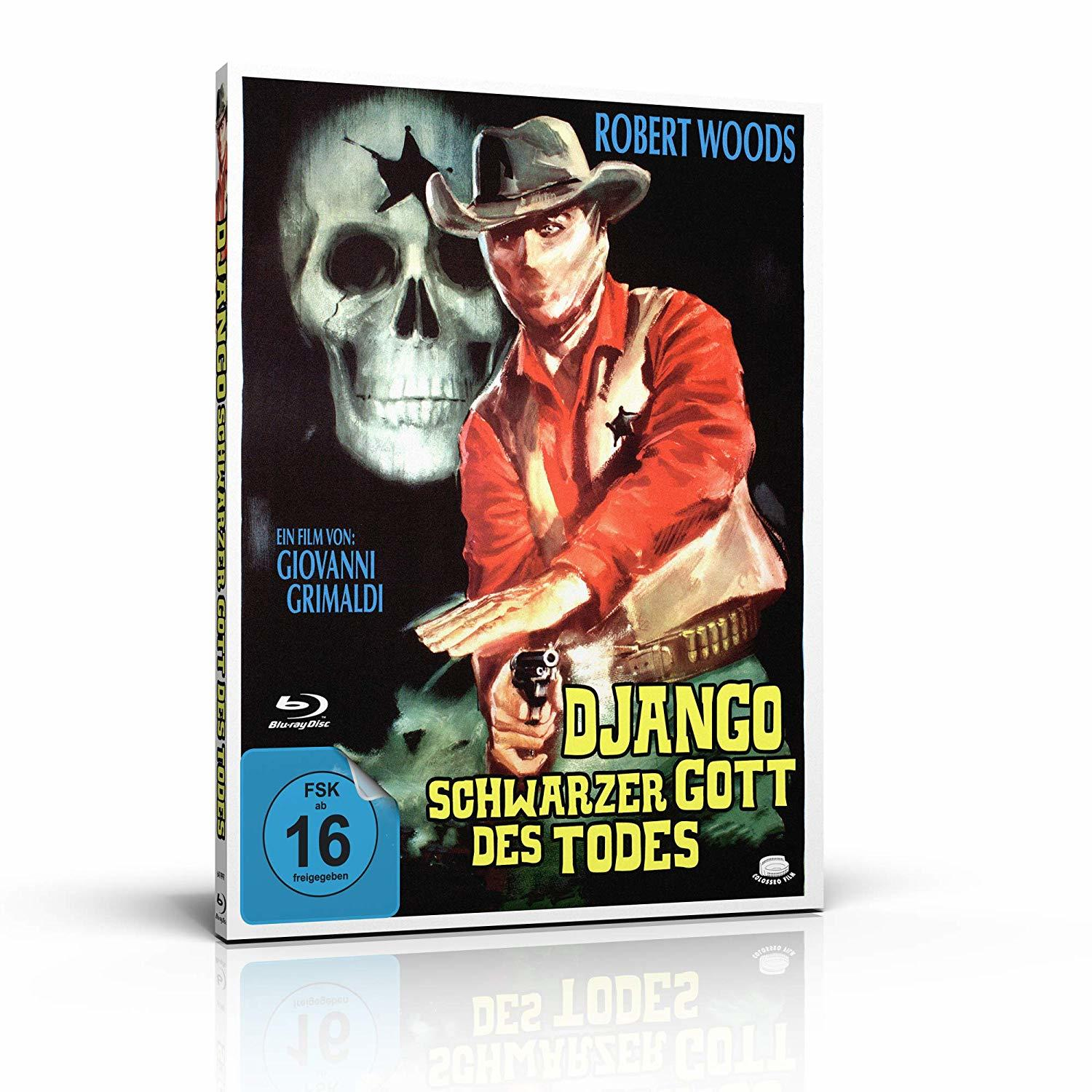 Blu-ray-Hülle für 'Django' mit einem Cowboy, der eine Waffe hält, und einer Schädelgrafik.