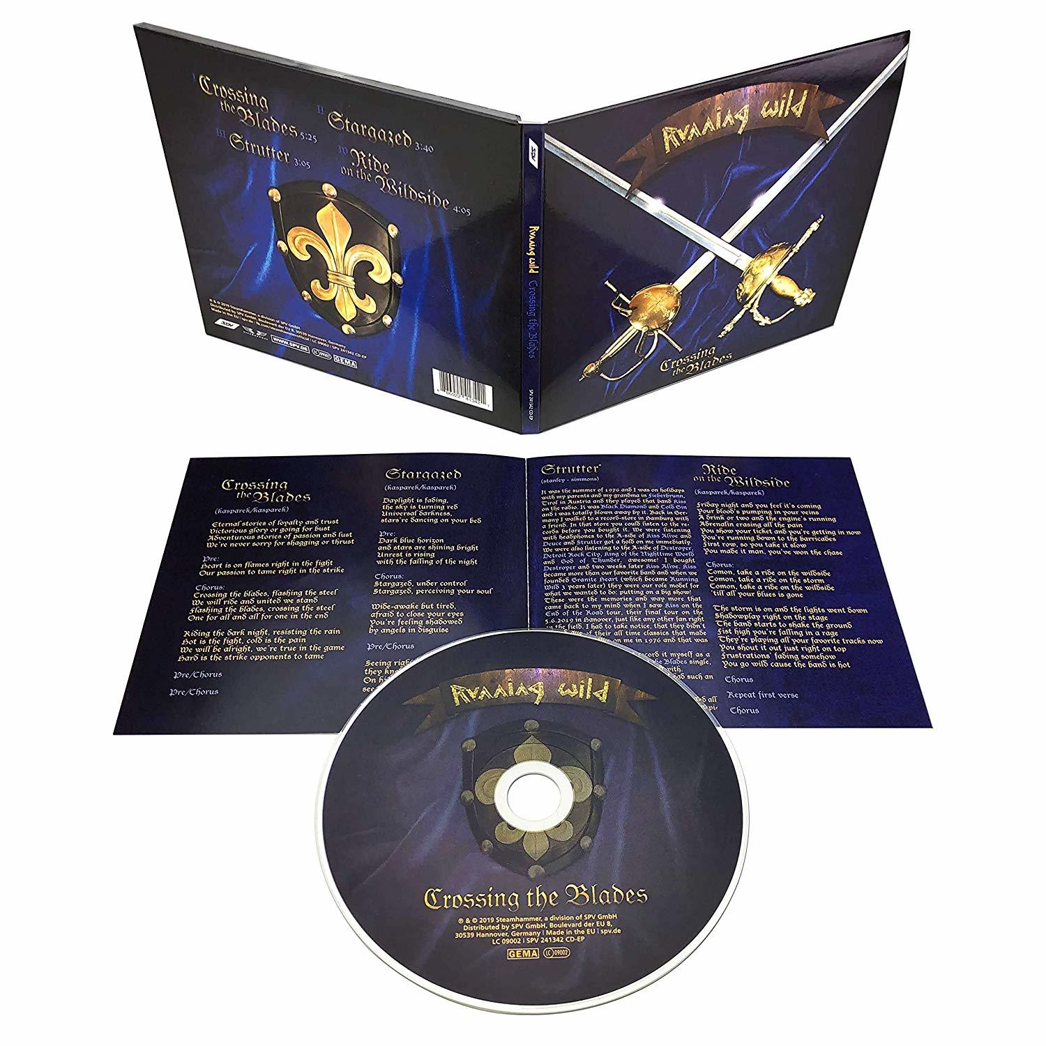 Albumhülle geöffnet, mit CD und Textseiten. Blaues und goldenes Design.