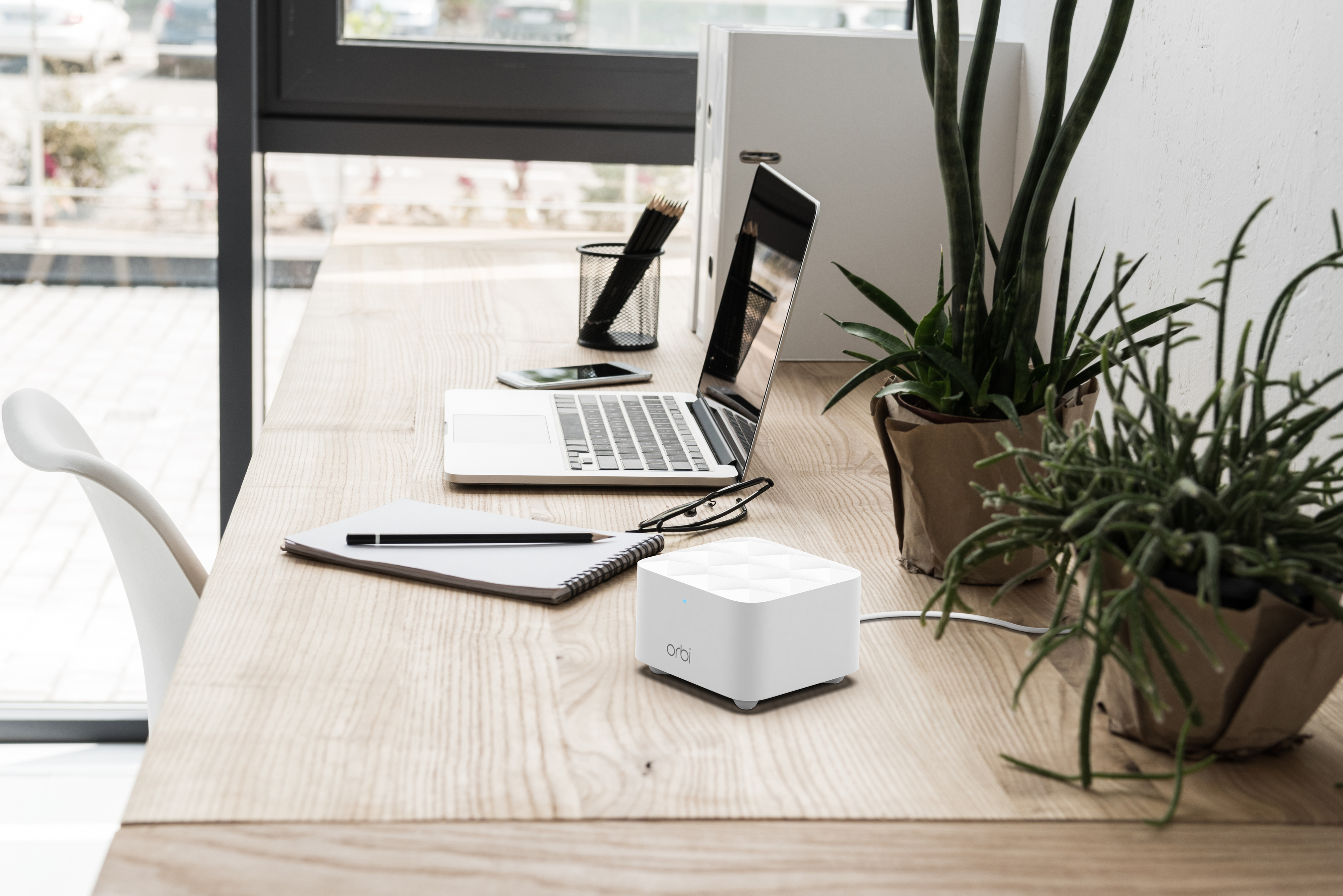 Ein Schreibtisch aus Holz mit Laptop, Pflanzen und einem weißen Router.