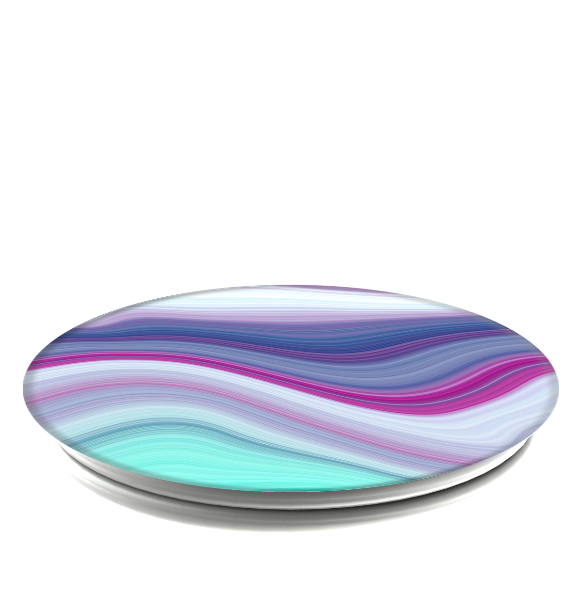 Siyah zemin üzerinde mavi, mor ve pembe dalgalı desenli yuvarlak bir PopSocket.