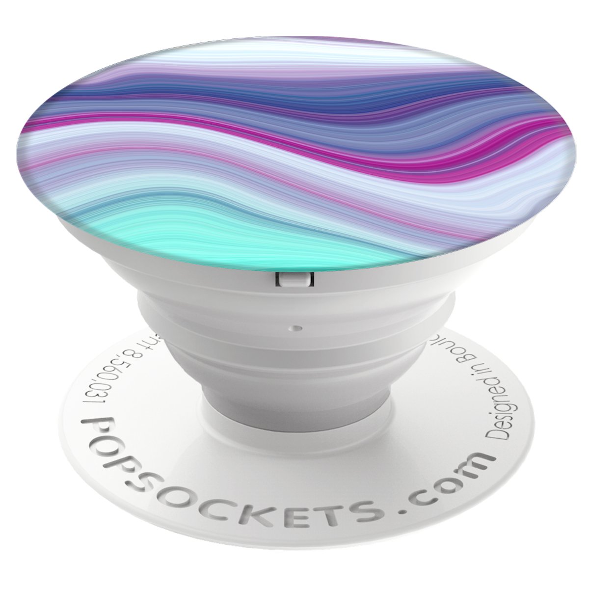 Siyah bir arka plan üzerinde mavi, pembe ve turkuaz renkli girdaplarla beyaz bir PopSockets.