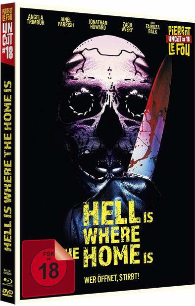 Film-DVD-Cover mit Totenkopf und Messer, Text: Hell is Where the Home Is.