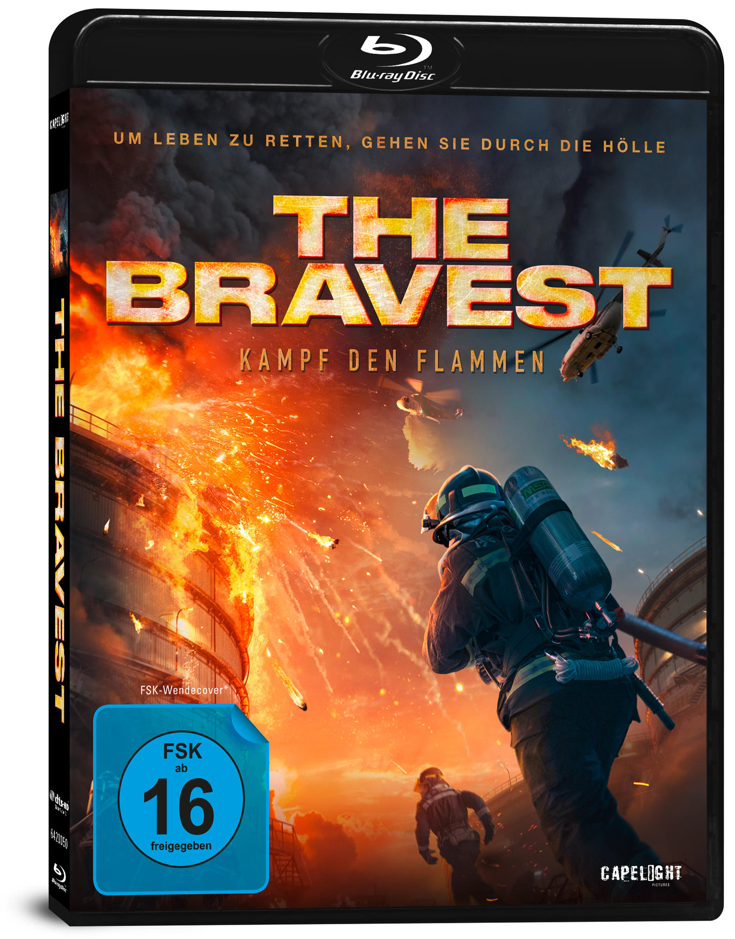 DVD-Cover von 'The Bravest'. Es zeigt Feuerwehrleute, die mit einem Hubschrauber im Hintergrund gegen Flammen kämpfen.