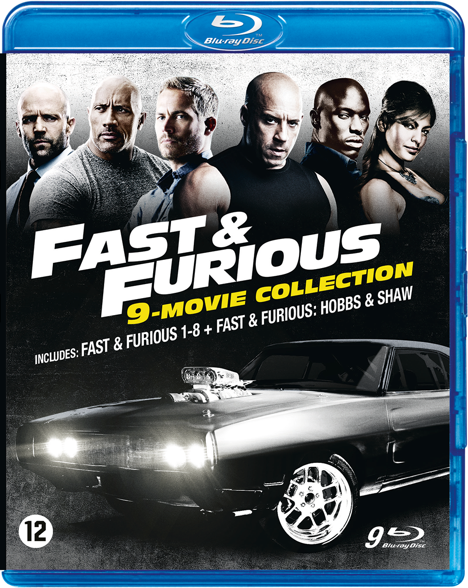 Fast & Furious 9-filmcollectie Blu-ray cover. Gezichten van acteurs, een auto en de serietitel.