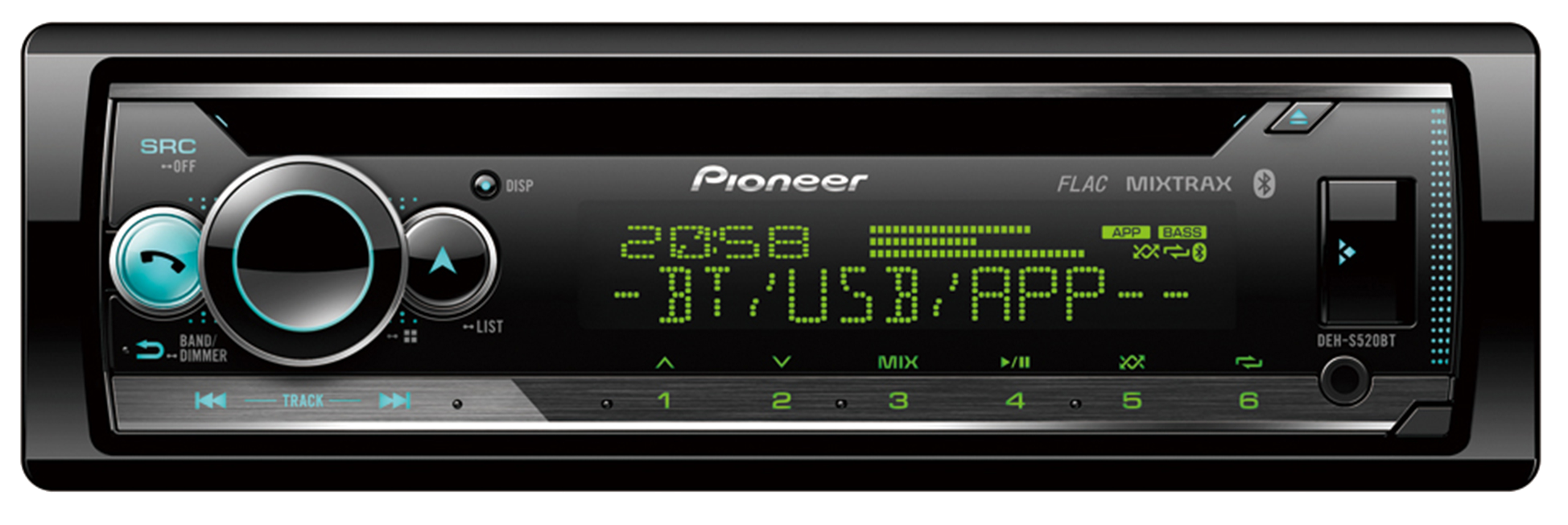 Pioneer autórádió, amelyen az idő, az USB, a BT/APP szimbólum és gombok láthatók.