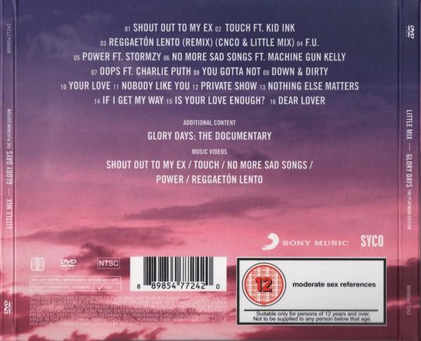 Achterkant cd met nummers en leeftijdsclassificatie voor "Glory Days".