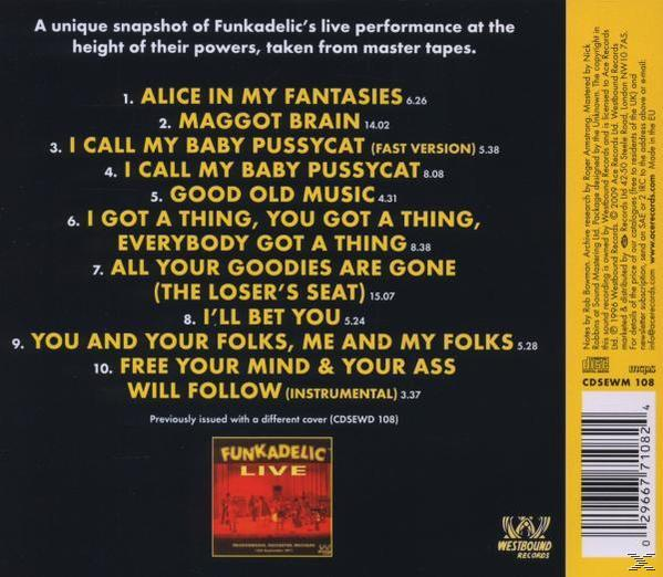A Funkadelic album borítójának hátulja, számlistával, szöveggel és albumművészettel.