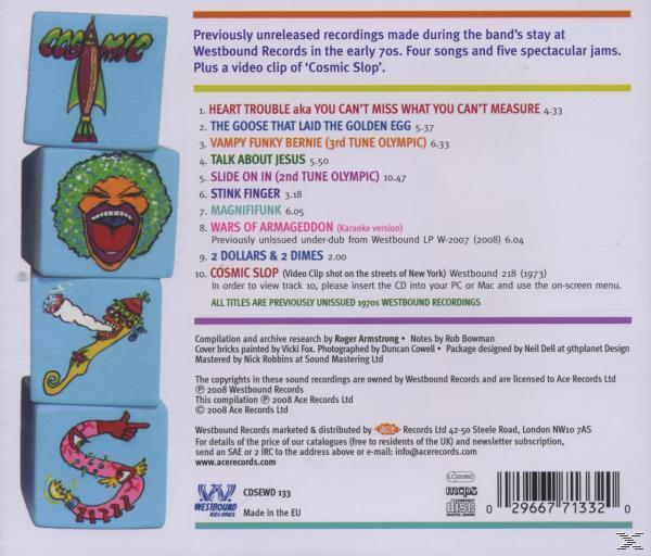 Album hátlap számlistával és színes blokkokkal. A szöveg angolul van.