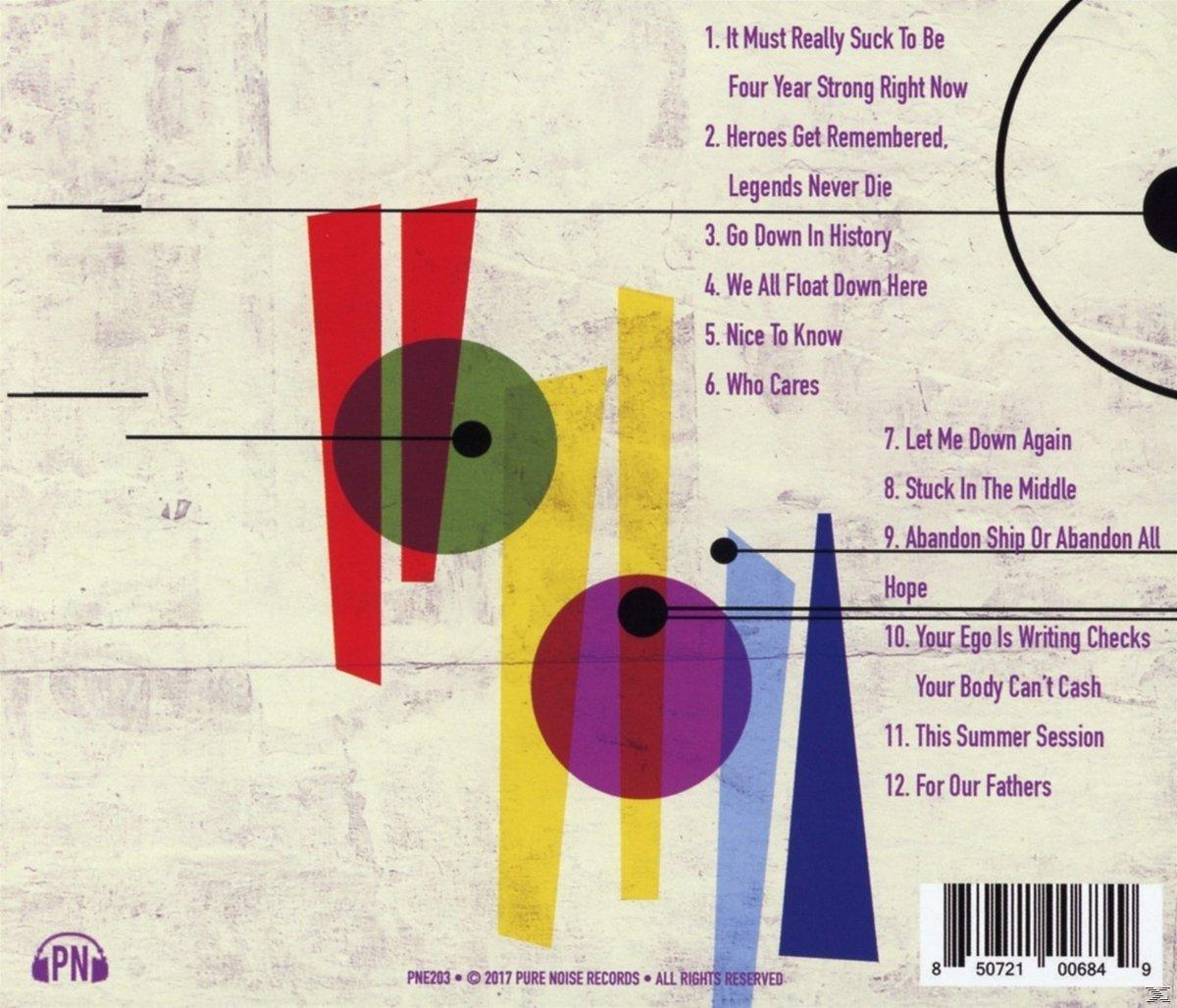 Album borító absztrakt művészettel. Piros, sárga és kék formák átfedik egymást texturált háttéren. A dalok címei fel vannak sorolva.