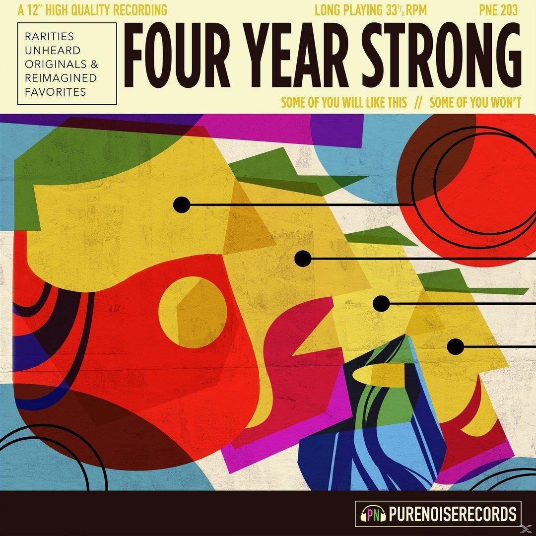 Album borítója színes, absztrakt dizájnnal, a 'FOUR YEAR STRONG' szöveggel. Fehér háttér.