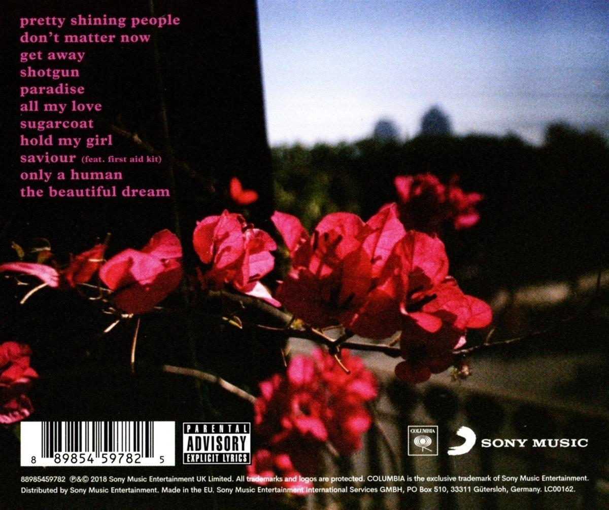 Albumcover mit pinkfarbenem floralen Hintergrund und Trackliste auf der Rückseite. Künstlername oben.